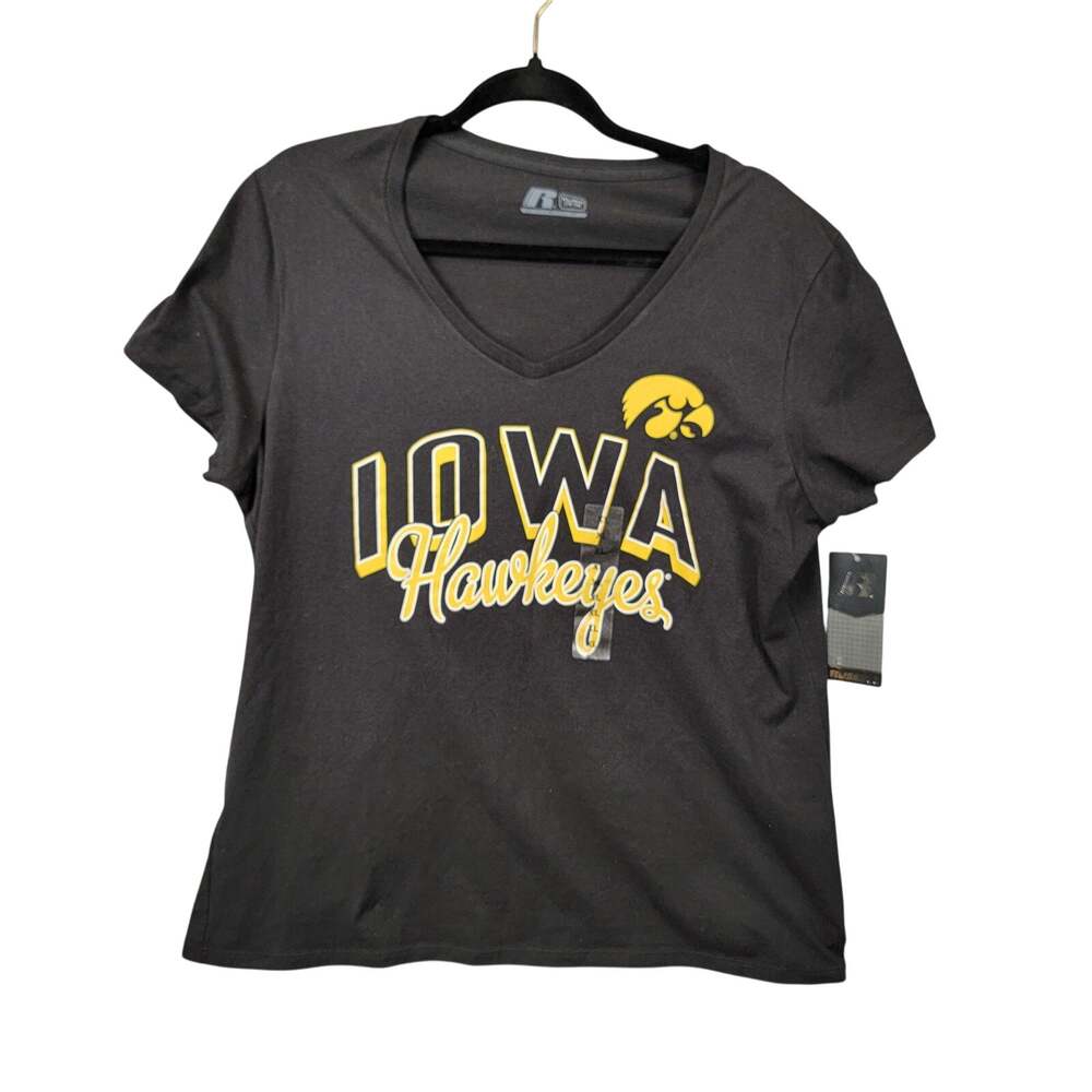 Russell Athletic Iowa Hawkeyes Womens V-Neck Tee XL Black Gold NWT